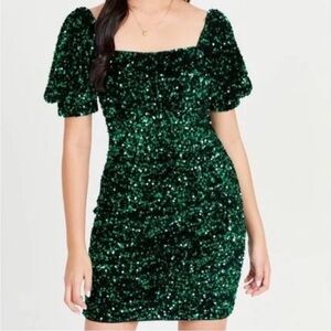NWT ALTAR'D STATE Sequin Square Neck Puff Sleeve Dress Green Black Size Medium